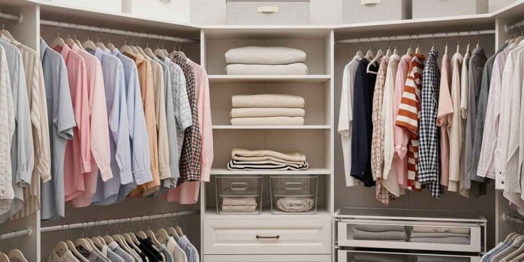A pristine, well-organized walk-in closet with color-coded clothes, neatly folded sweaters, and storage boxes. The image showcases efficient space utilization and a clean, stress-free environment, illustrating how to organize a closet effectively.