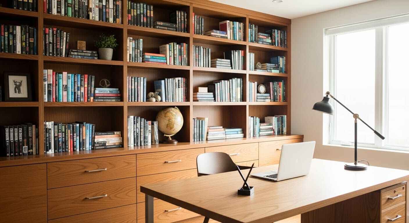 Organized study room featuring shelves, cabinets, and drawers designed to keep study materials clutter-free.