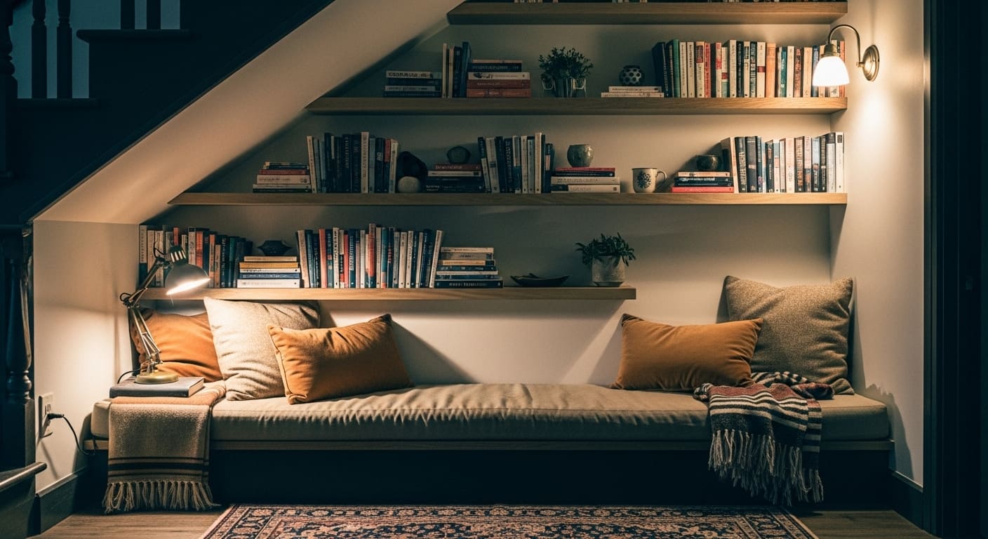 Quiet under-the-stairs reading corner with bookshelves, bench, and soft lighting.