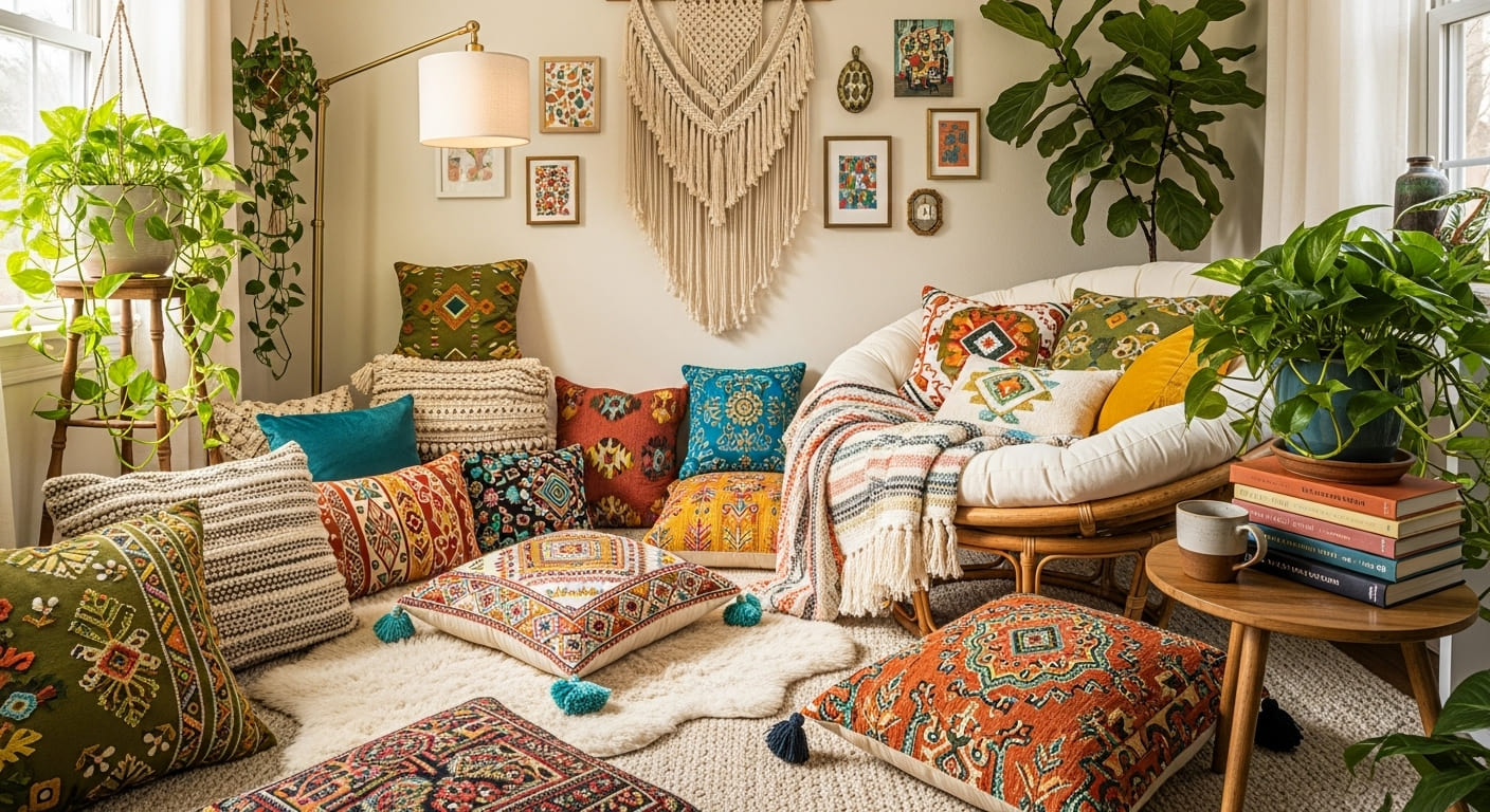 A bohemian-style reading nook decorated with colorful pillows, macramé wall art, plants, and a floor lamp.