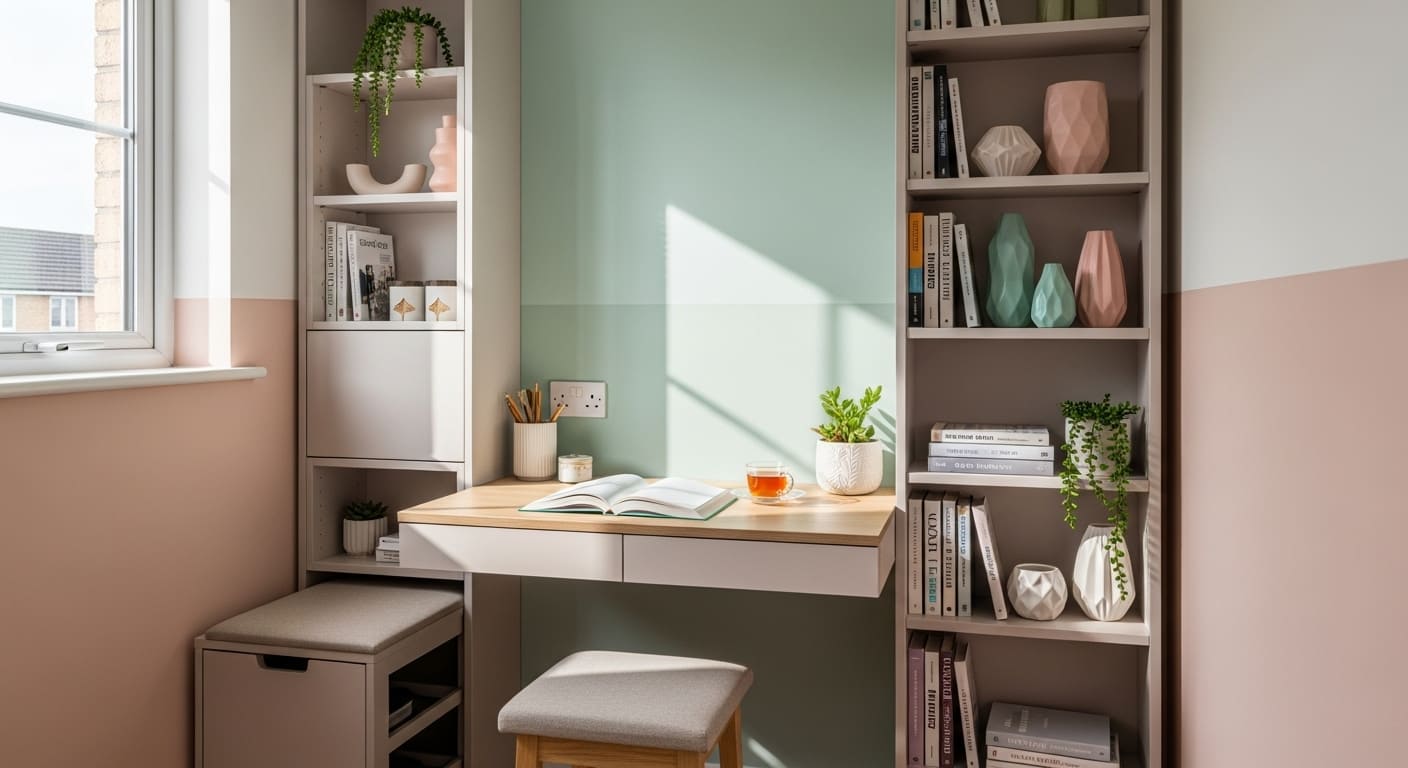 Small study room setup with a tiny desk, vertical bookshelf, and light-colored décor maximizing space.