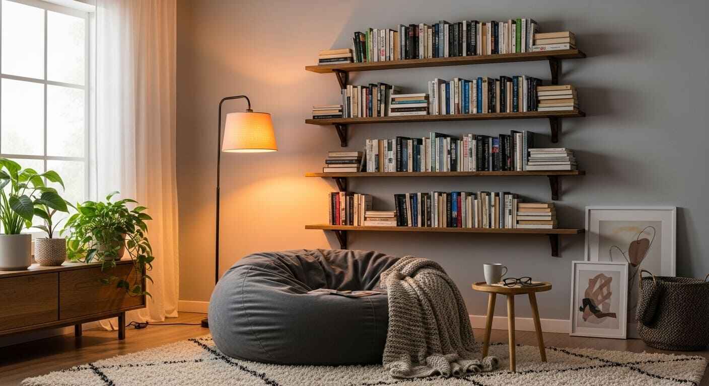 Comfortable reading nook with floating shelves, bean bag, and floor lamp.