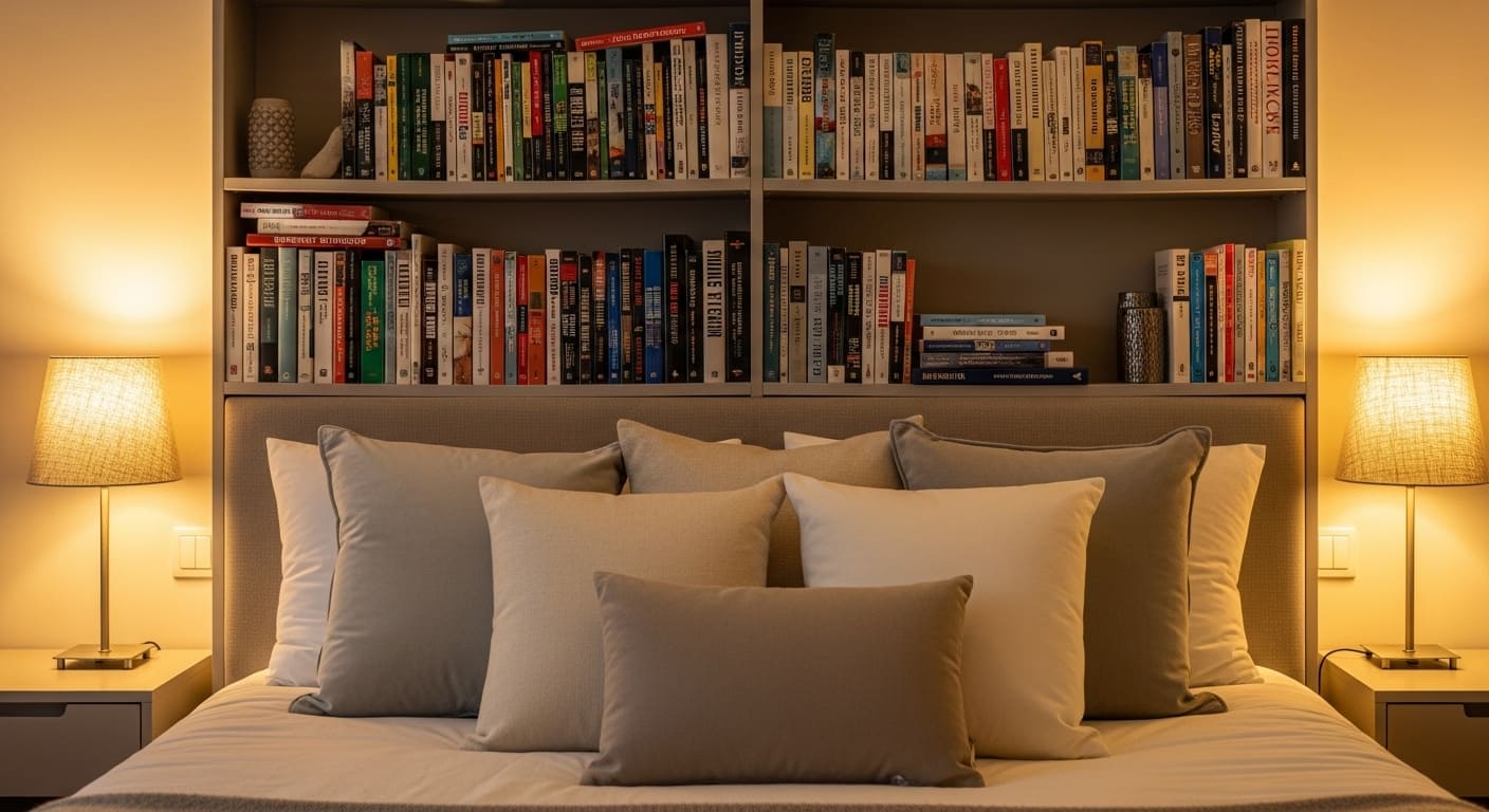 A cozy bed with a built-in bookshelf headboard filled with books and soft pillows, creating a functional reading nook.
