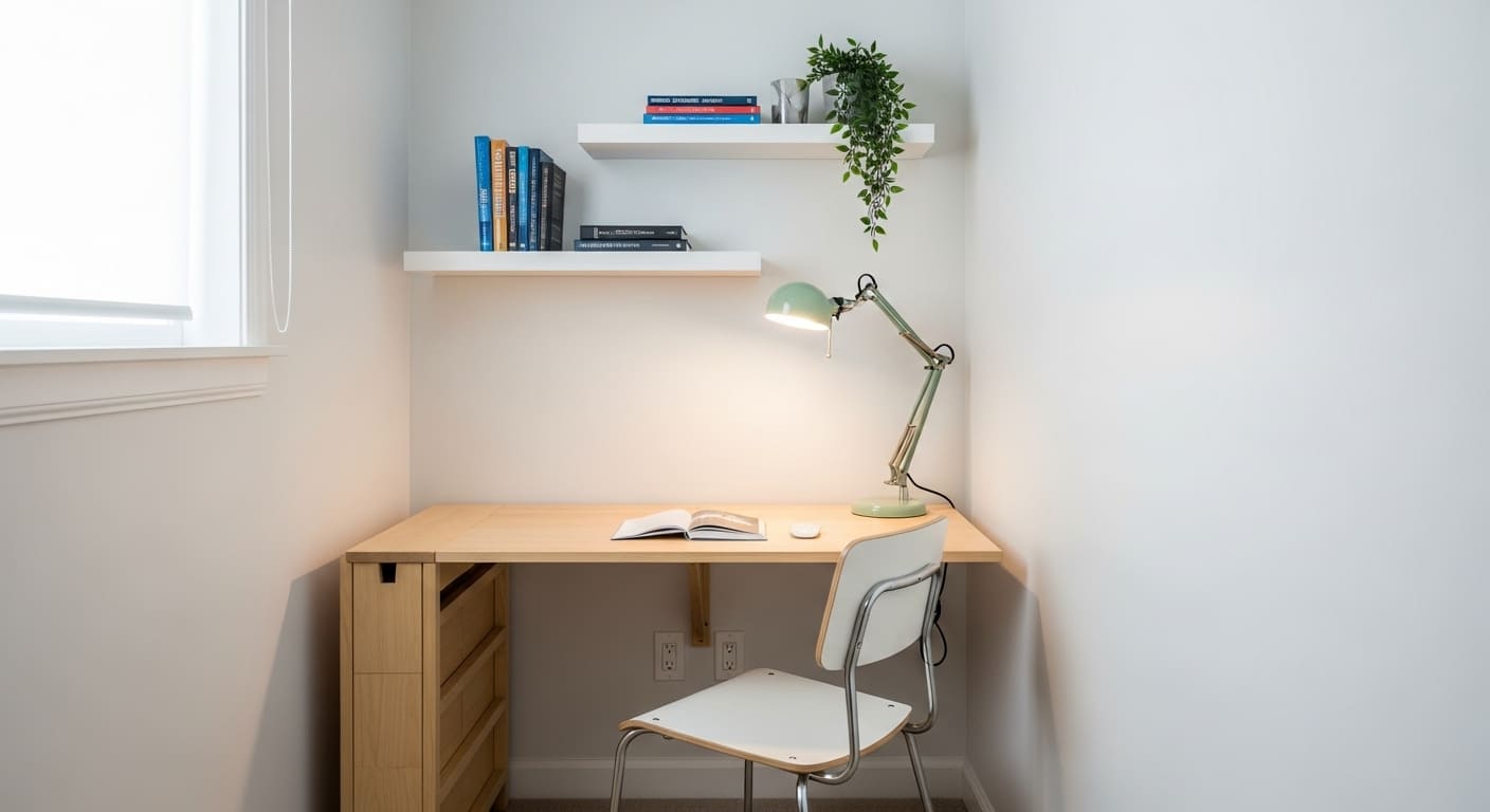 Minimalist small room with floating shelves, a folding desk, and a corner workspace.