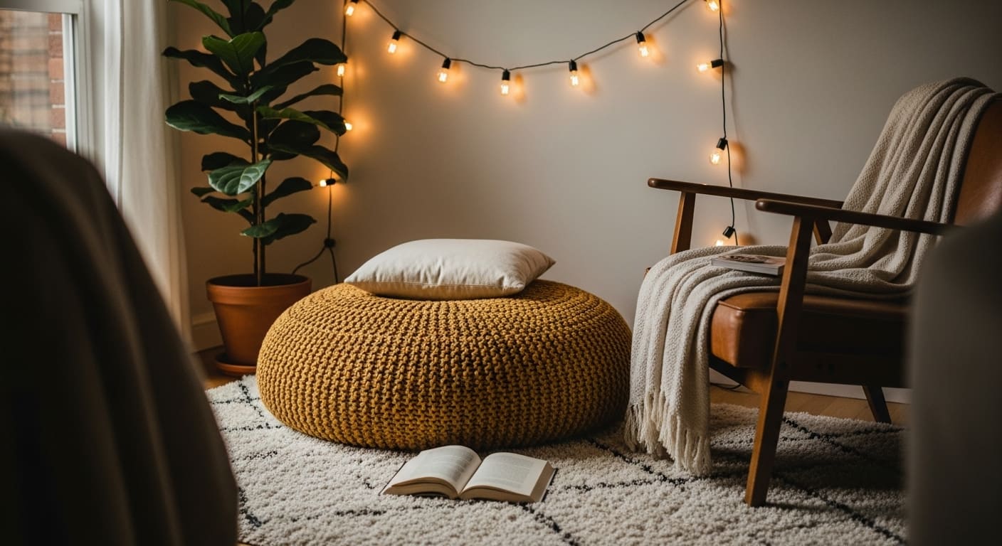 Simple DIY reading nook in a corner with chair, lamp, and string lights.