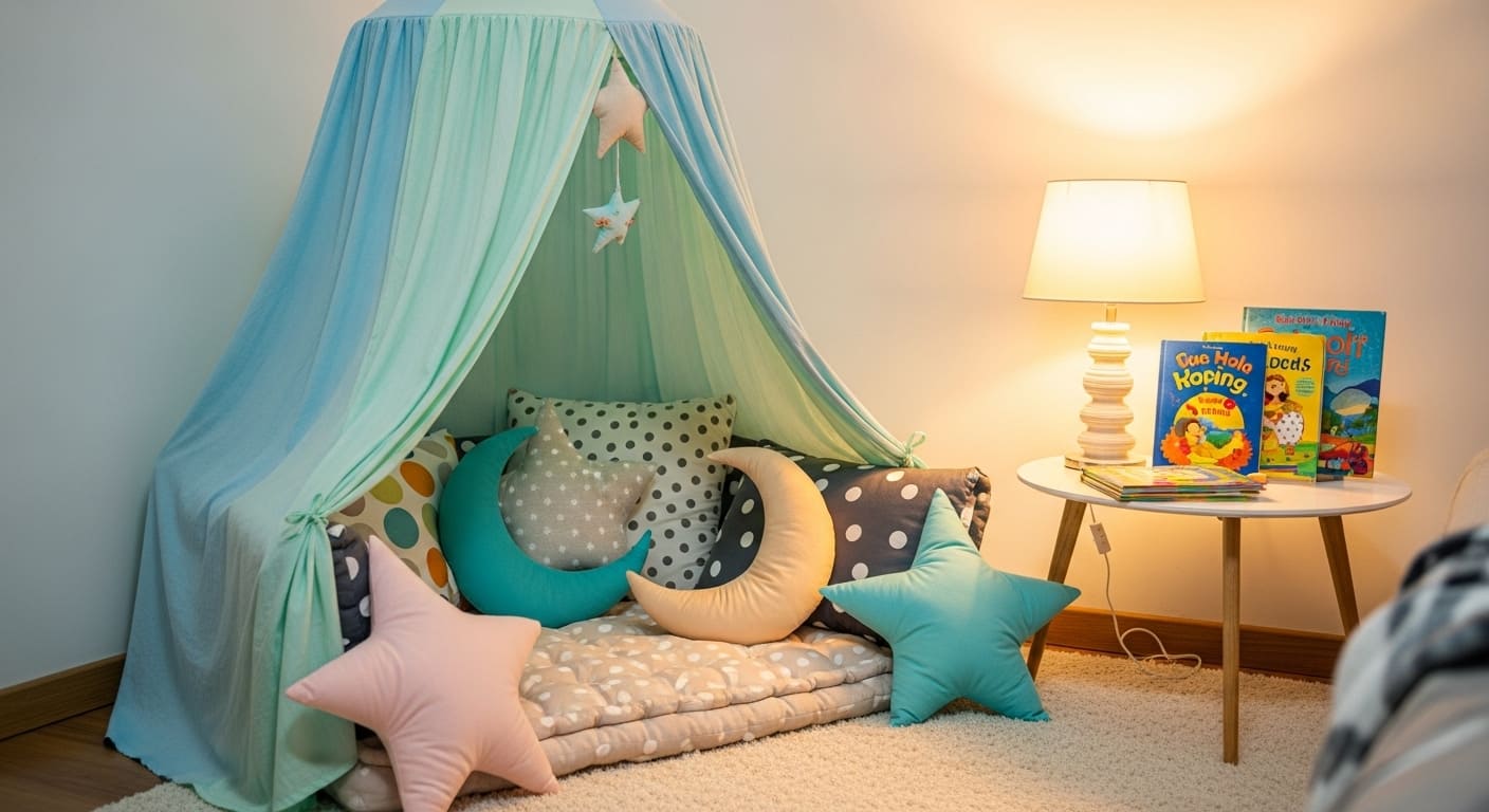A playful reading nook with a small tent, floor pillows, a soft rug, and a glowing reading lamp.