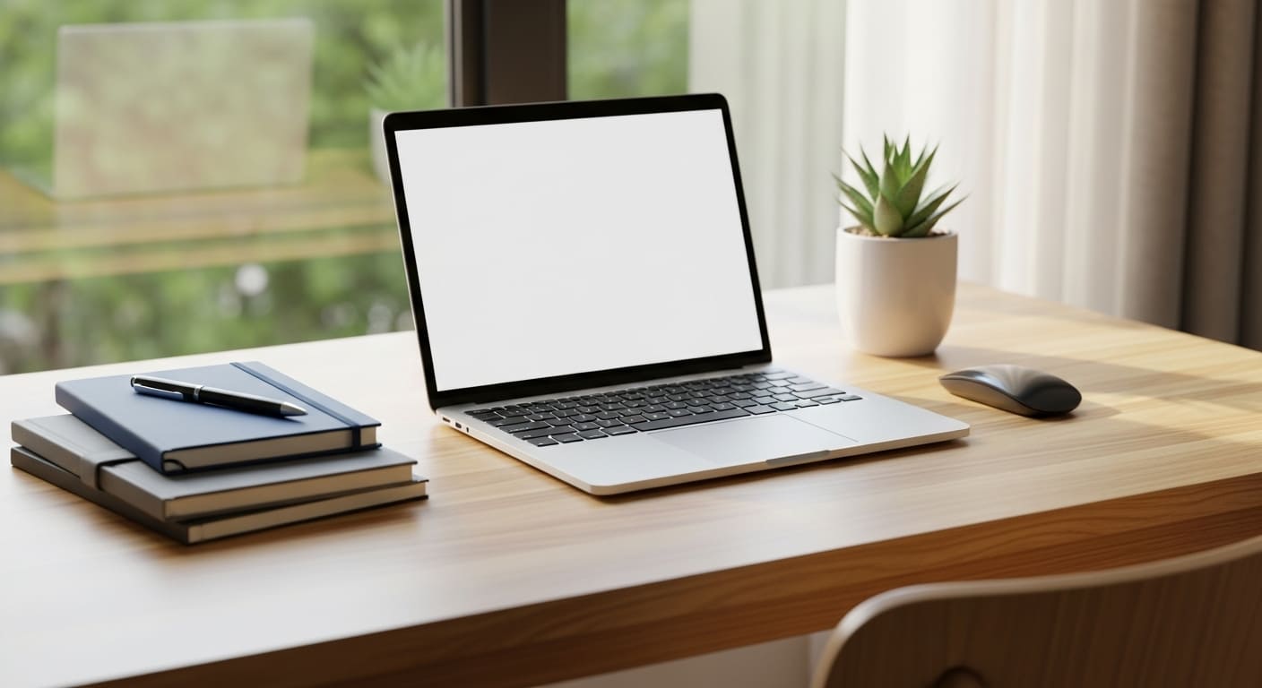 Wooden study desk placed near a window with books, a laptop, and a clean workspace design.