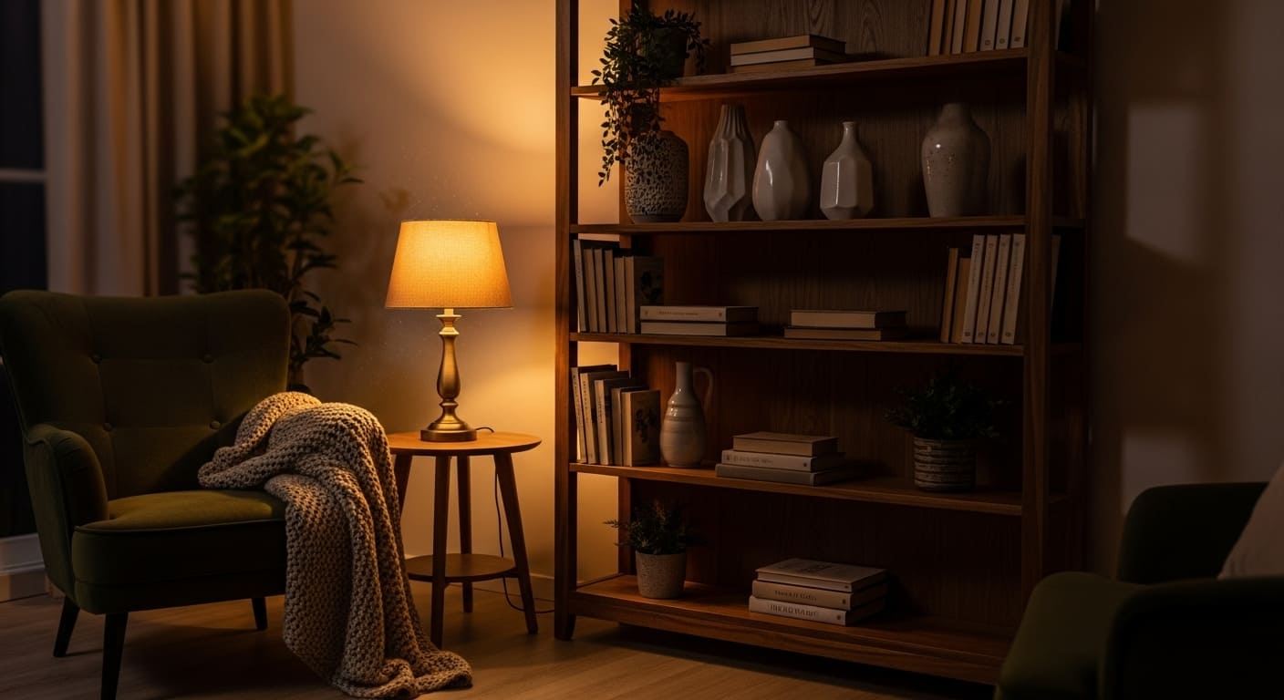 Comfortable armchair next to bookshelf with lamp and side table.