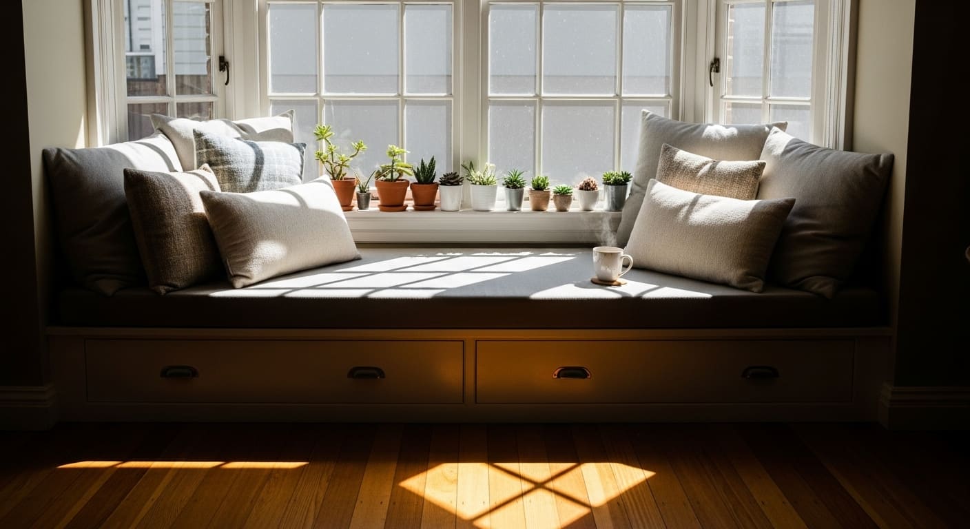 A bay window with a cushioned bench and storage, creating a sunny reading nook.